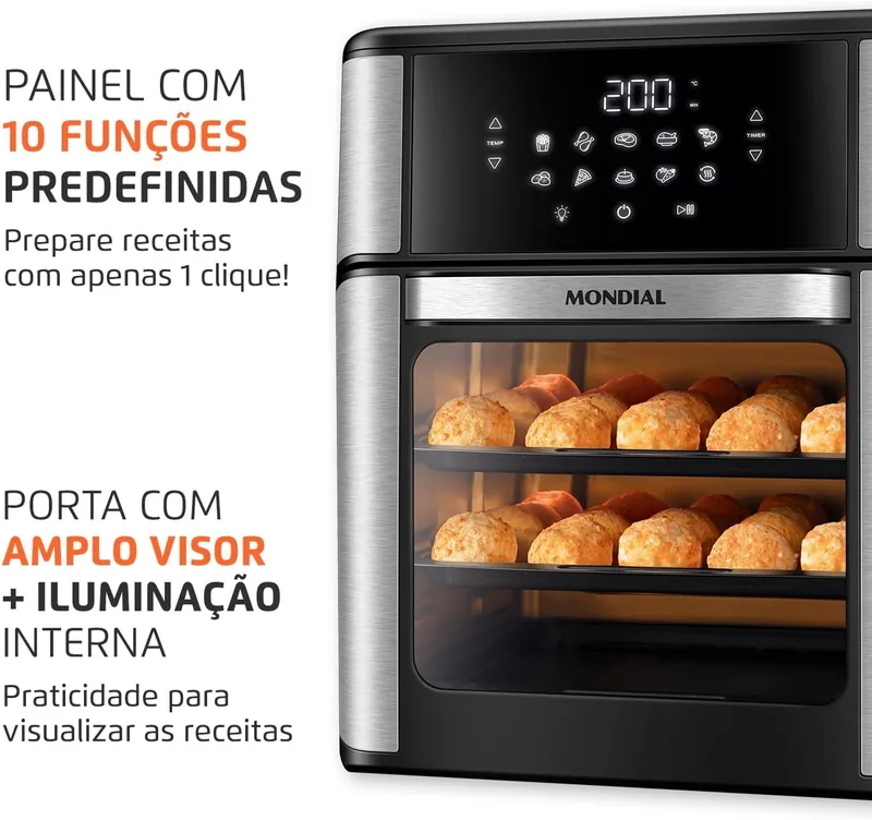 Painel com 10 funções predefinidas e porta com amplo visor